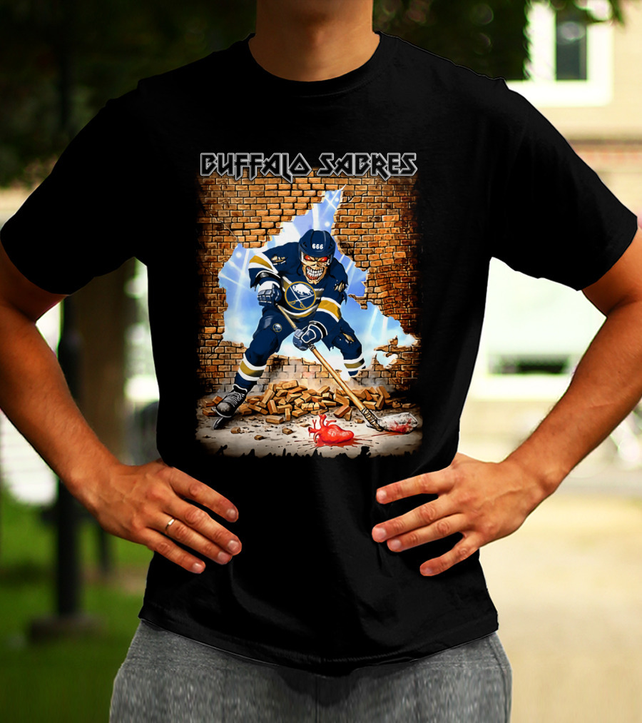 Buffalo Sabres Skeleton Hockey Player Breaking Brick Wall T-Shirt
