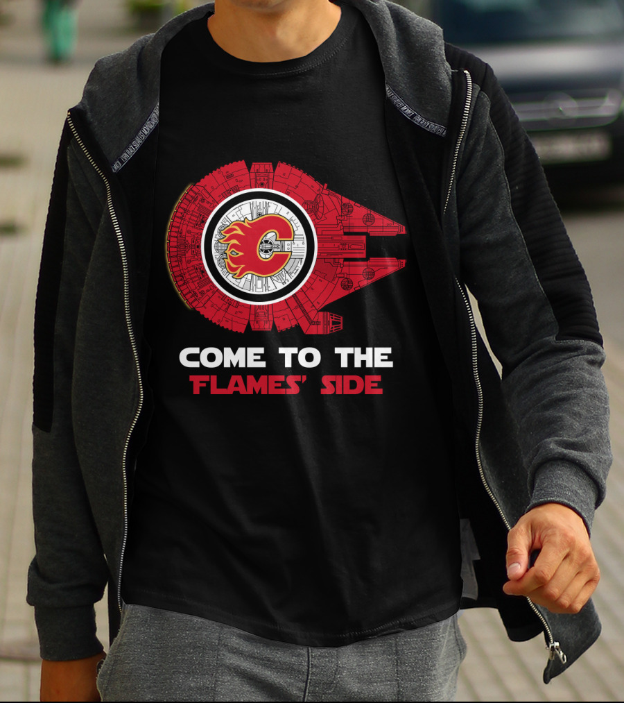 Come To The Flames' Side Calgary Flames Millennium Falcon T-Shirt