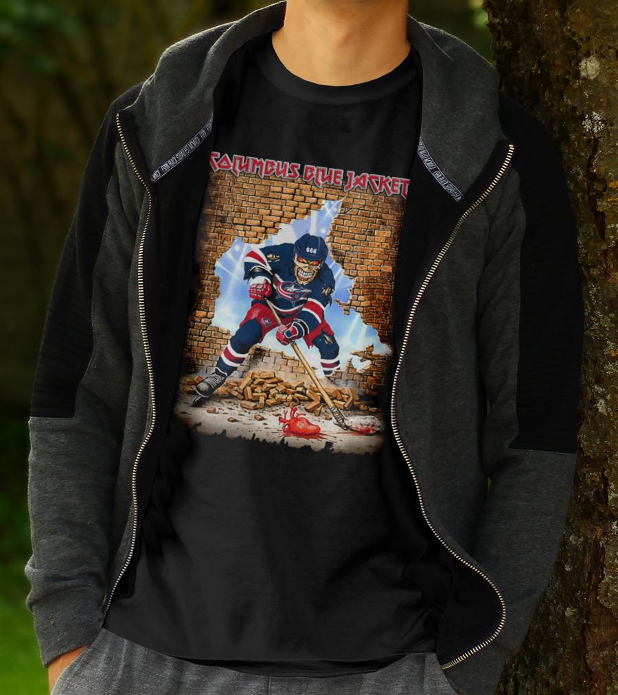 Columbus Blue Jackets Skeleton Hockey Player Breaking Brick Wall T-Shirt
