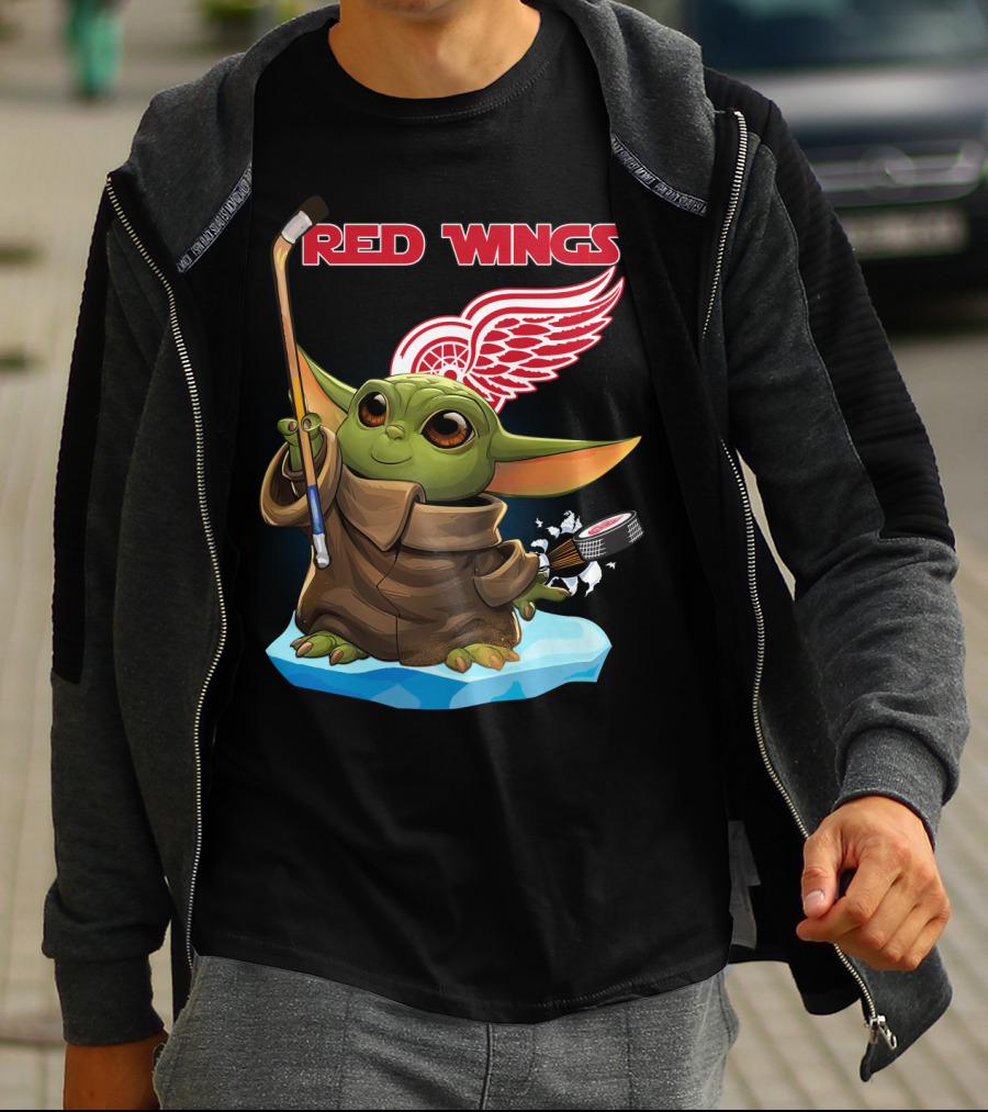 Red Wings Baby Yoda Hockey Stick NHL Frozen Puck T-Shirt