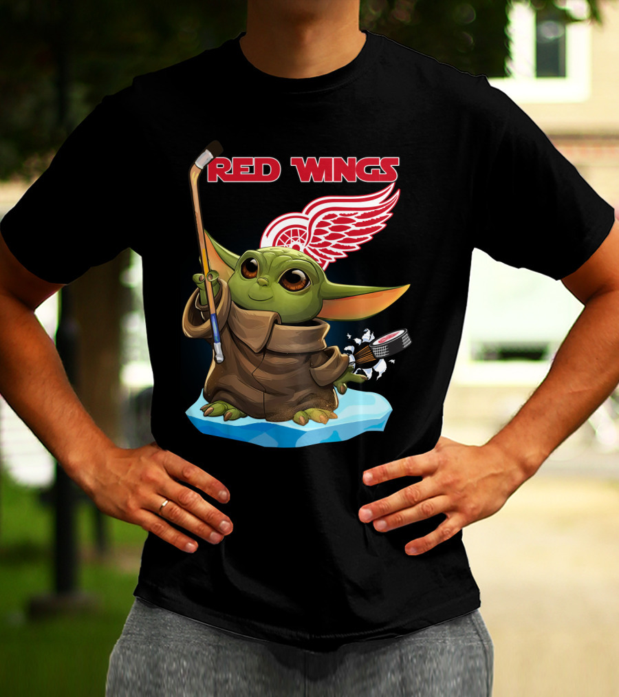Red Wings Baby Yoda Hockey Stick NHL Frozen Puck T-Shirt