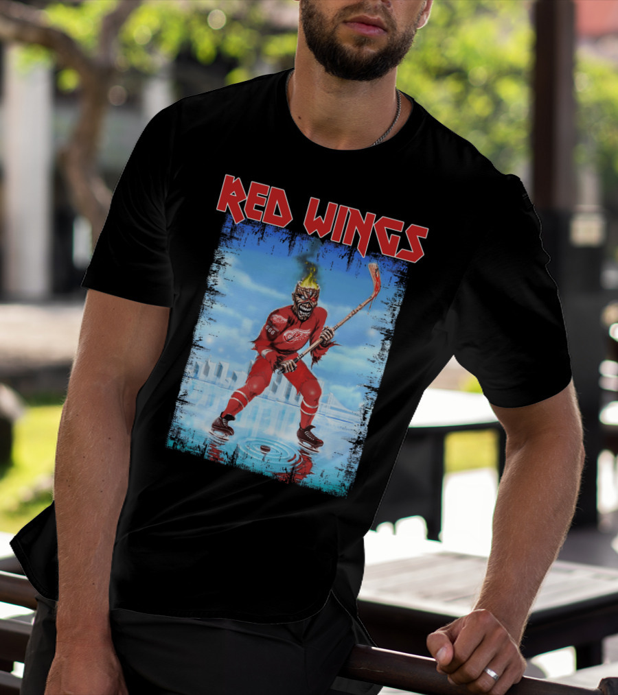 Red Wings Flaming Demon Hockey Player On Ice With Detroit Cityscape T-Shirt
