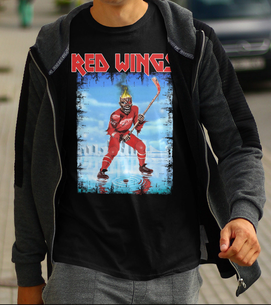 Red Wings Flaming Demon Hockey Player On Ice With Detroit Cityscape T-Shirt