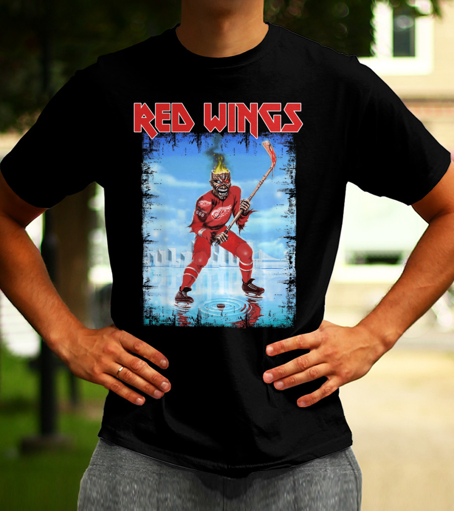 Red Wings Flaming Demon Hockey Player On Ice With Detroit Cityscape T-Shirt