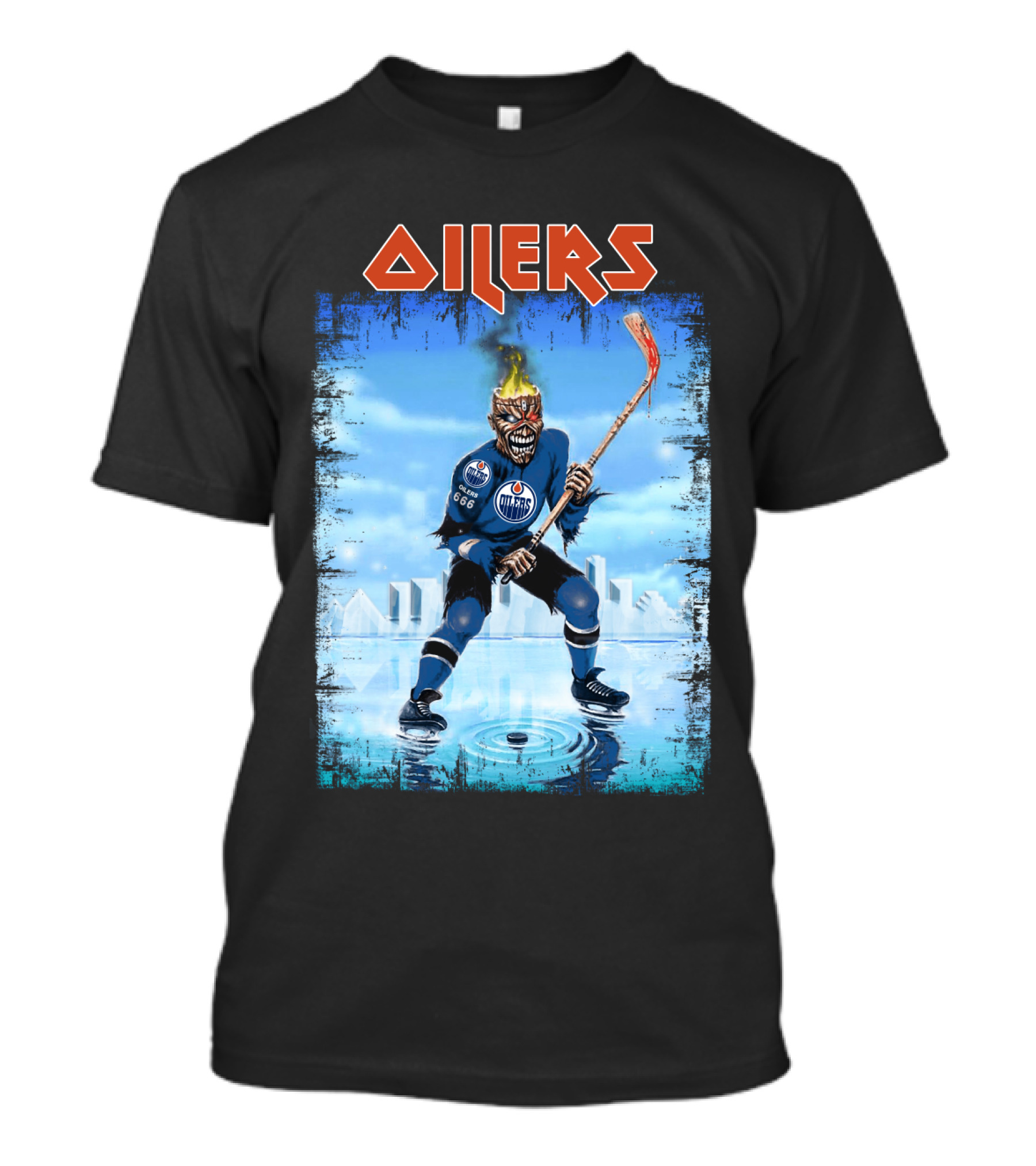 Oilers Edmonton Hockey Player With Fiery Skull And Hockey Stick T-Shirt