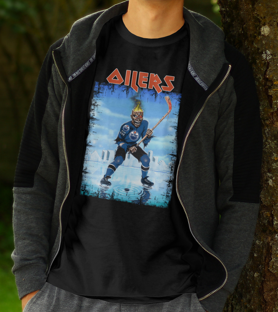 Oilers Edmonton Hockey Player With Fiery Skull And Hockey Stick T-Shirt