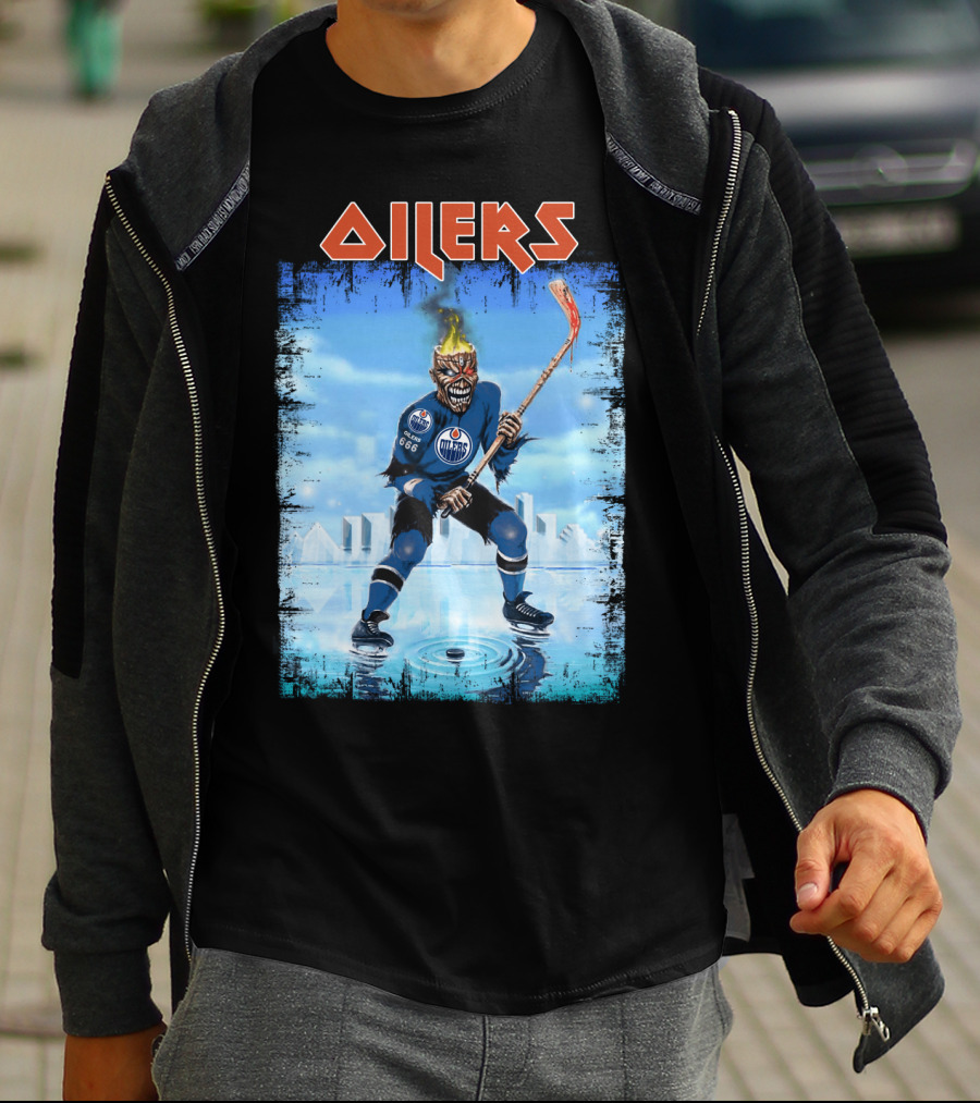 Oilers Edmonton Hockey Player With Fiery Skull And Hockey Stick T-Shirt