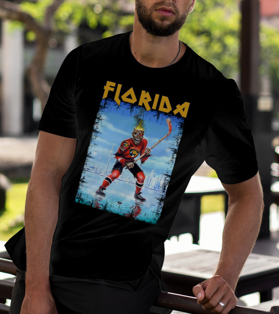 Florida Panthers Hockey Florida Ice Skeleton Hockey Player Flames T-Shirt