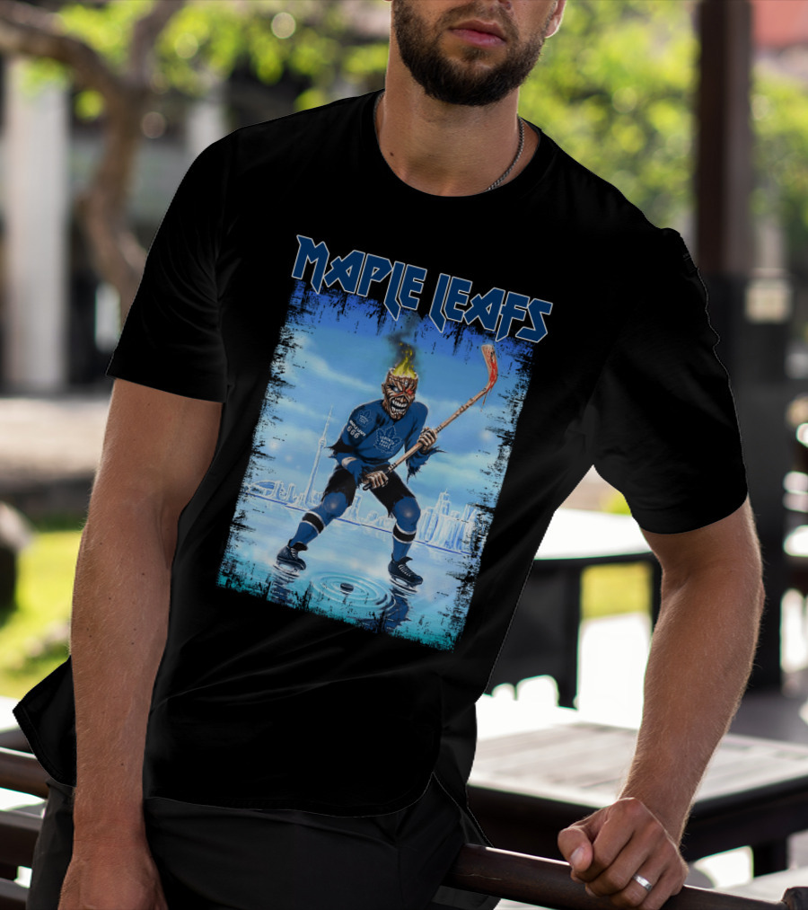 Maple Leafs Hockey Player With Fiery Skull And Hockey Stick On Ice In Front Of City Skyline T-Shirt
