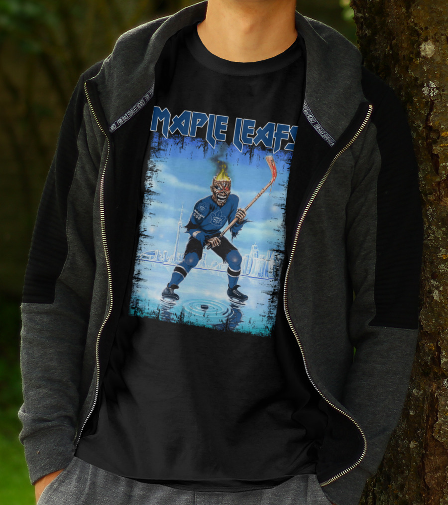 Maple Leafs Hockey Player With Fiery Skull And Hockey Stick On Ice In Front Of City Skyline T-Shirt