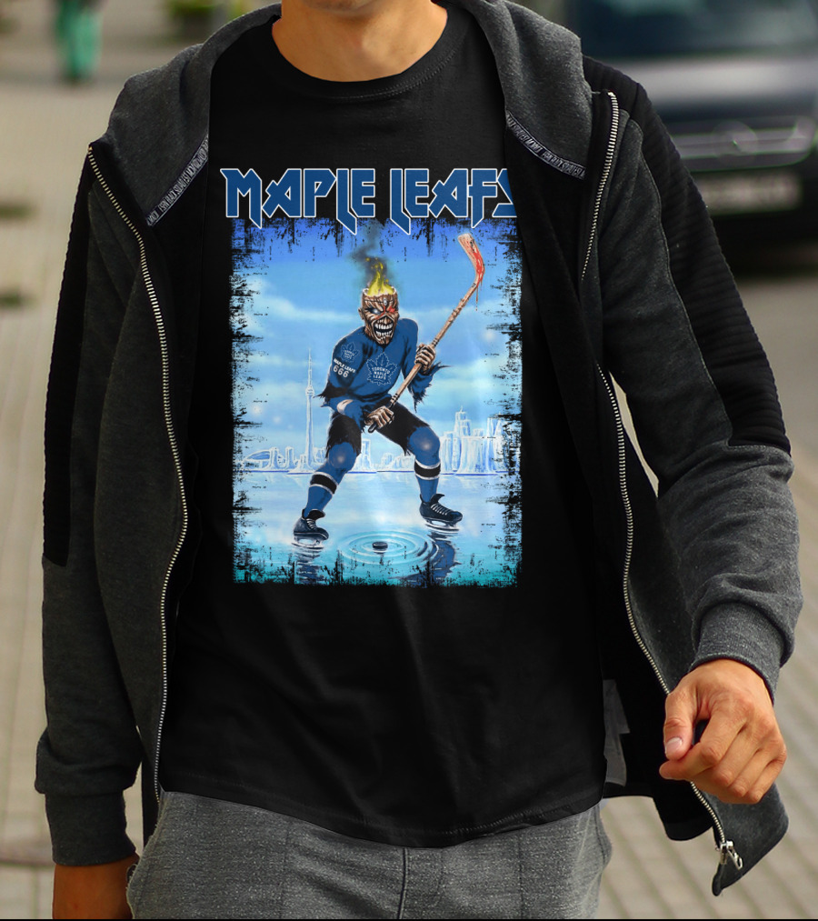 Maple Leafs Hockey Player With Fiery Skull And Hockey Stick On Ice In Front Of City Skyline T-Shirt
