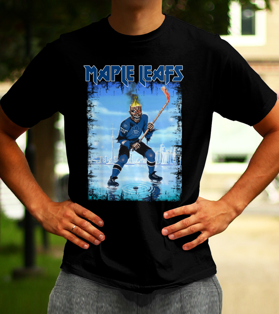 Maple Leafs Hockey Player With Fiery Skull And Hockey Stick On Ice In Front Of City Skyline T-Shirt