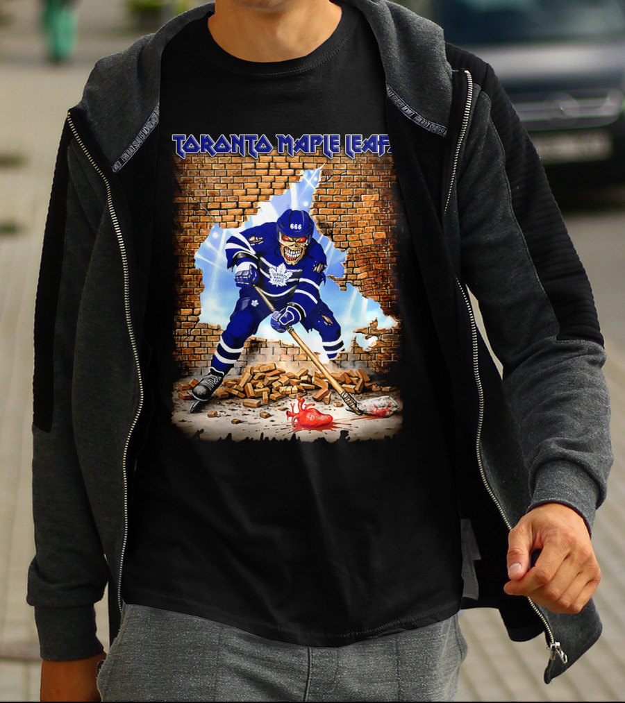 Toronto Maple Leafs Hockey Player Skeleton Breaking Brick Wall T-Shirt