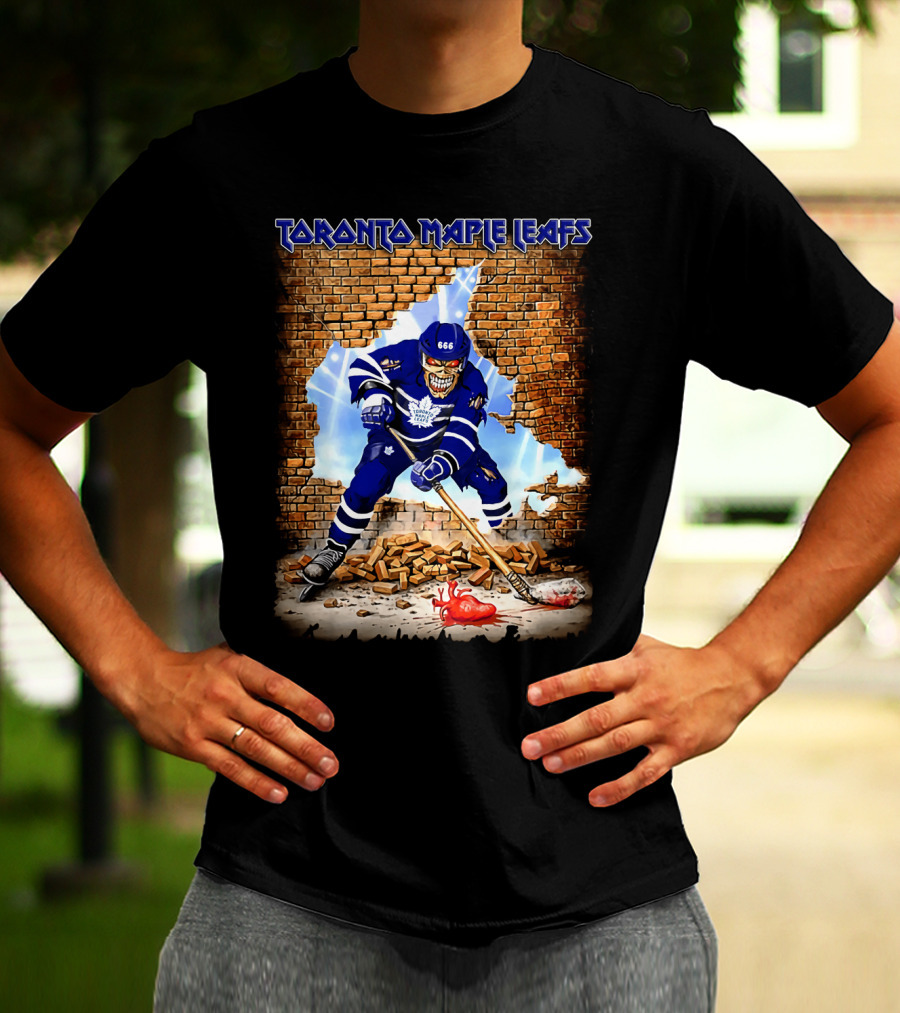 Toronto Maple Leafs Hockey Player Skeleton Breaking Brick Wall T-Shirt