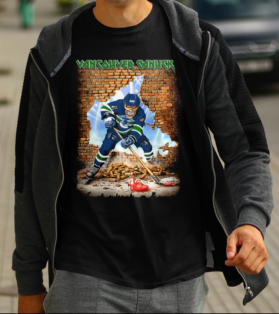Vancouver Canucks Hockey Player Breaking Through Wall With Skull Mask And 666 Helmet T-Shirt