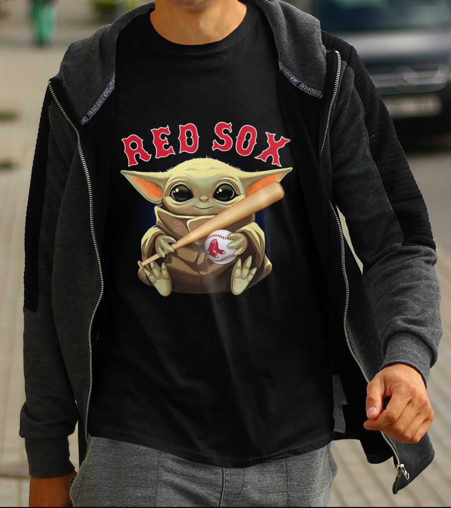 Boston Red Sox Baby Yoda Holding Baseball And Bat T-Shirt