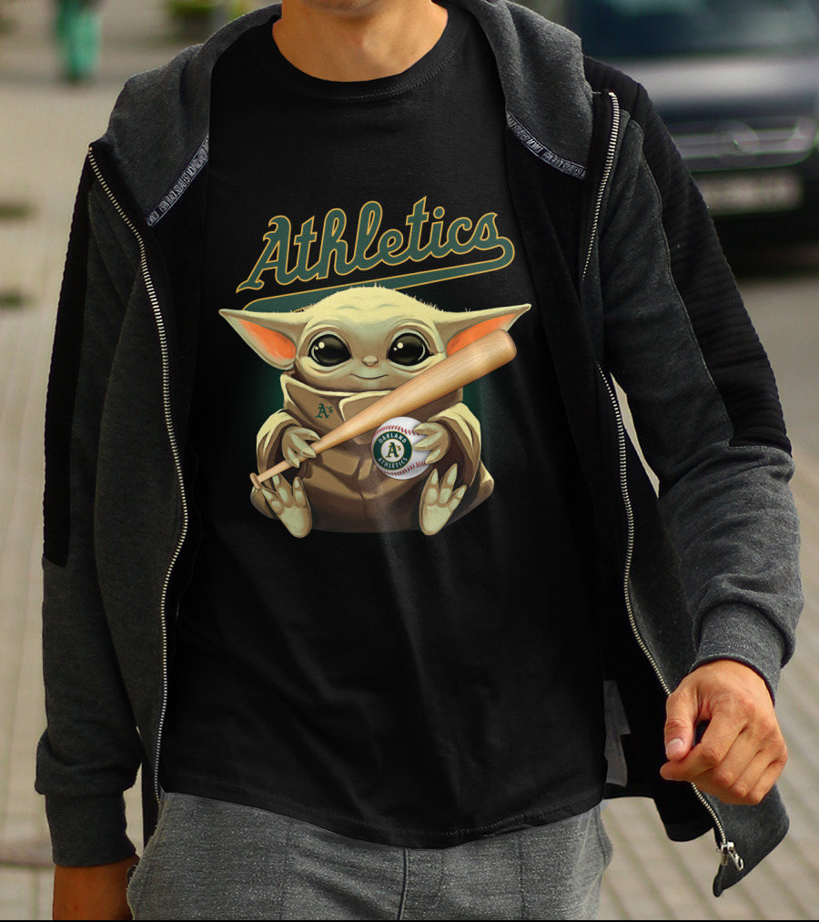 Athletics Baby Yoda Holding Baseball And Bat With Oakland A's T-Shirt