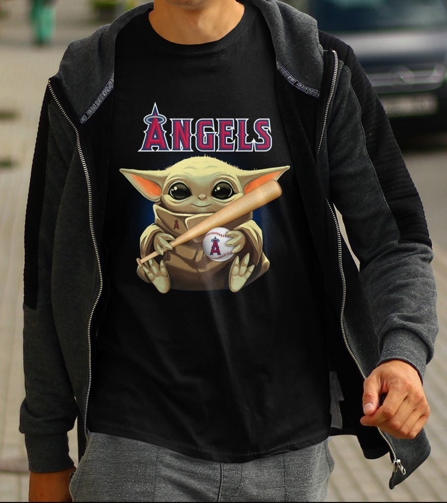 Los Angeles Angels Baby Yoda Baseball Bat Holding T-Shirt