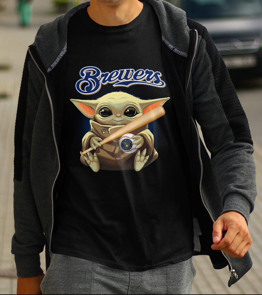 Milwaukee Brewers Baby Yoda Holding Baseball And Bat T-Shirt