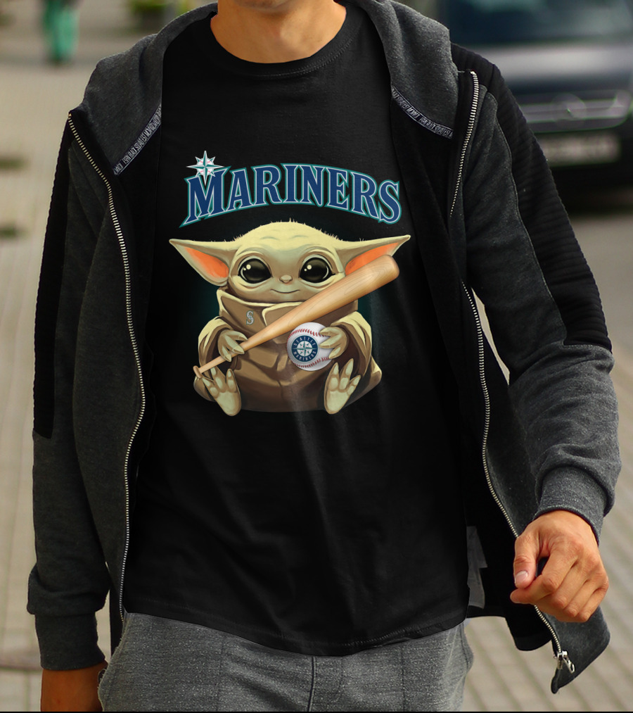 Seattle Mariners Baby Yoda Holding Baseball Bat And Ball T-Shirt