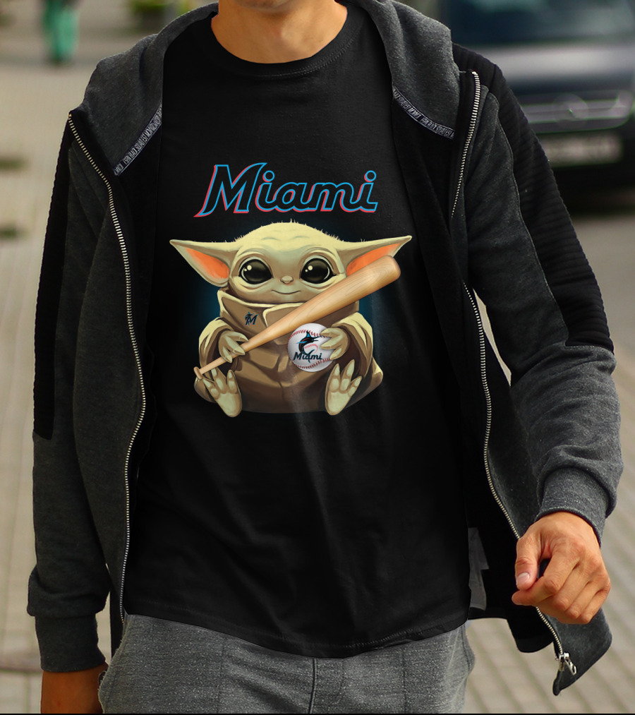 Miami Marlins Baby Yoda Baseball Bat And Ball T-Shirt