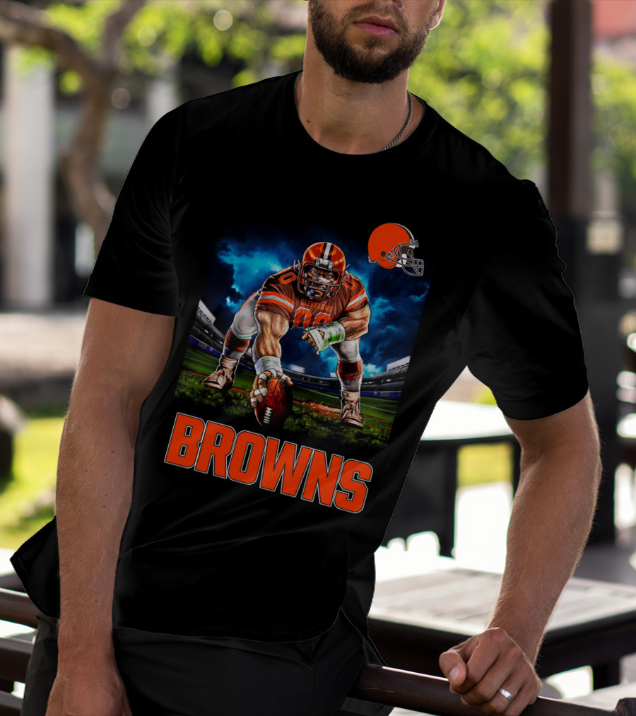 Cleveland Browns Nfl 3 Point Stance Football Player Stadium Scene T-Shirt