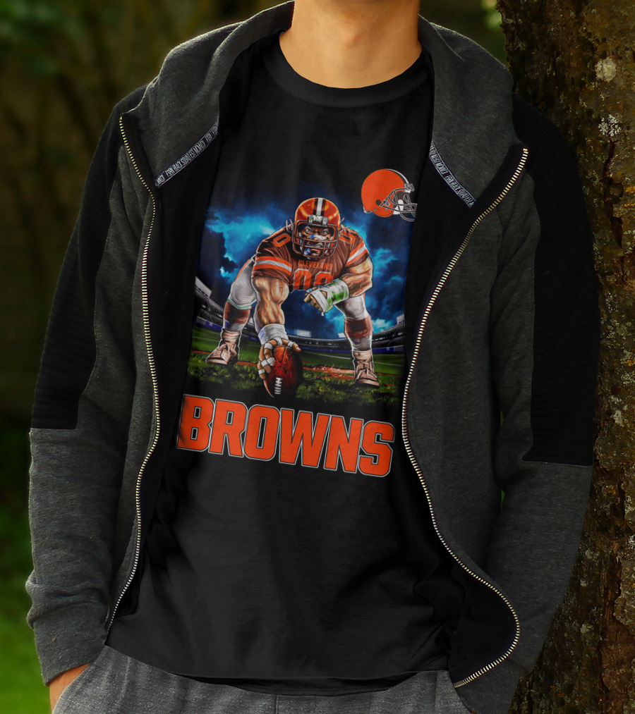 Cleveland Browns Nfl 3 Point Stance Football Player Stadium Scene T-Shirt