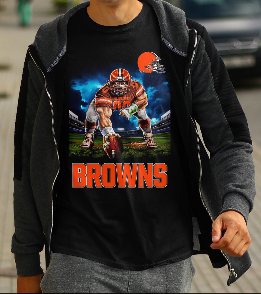 Cleveland Browns Nfl 3 Point Stance Football Player Stadium Scene T-Shirt