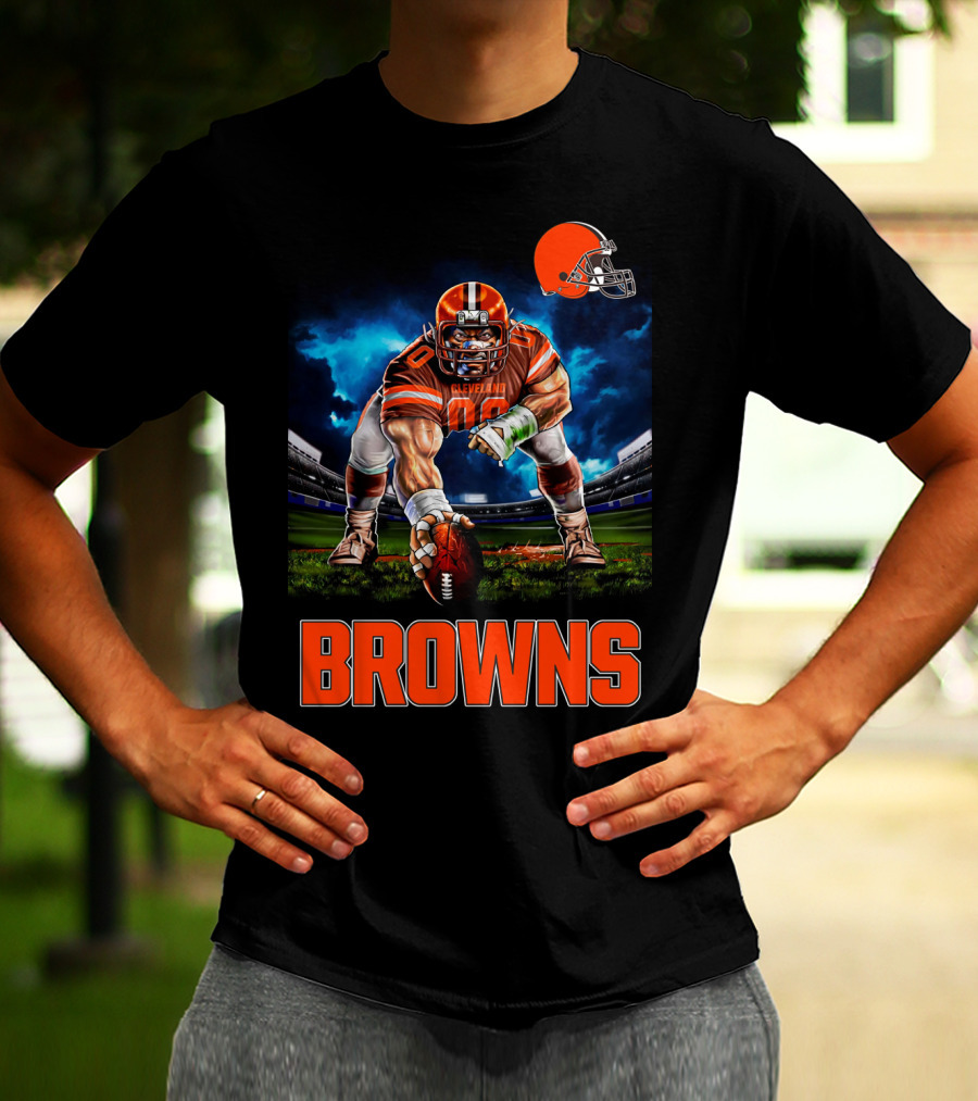 Cleveland Browns Nfl 3 Point Stance Football Player Stadium Scene T-Shirt