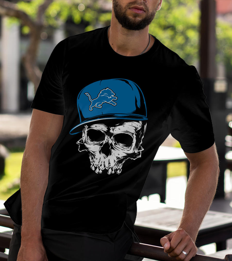 Detroit Lions Skull With Blue Cap Featuring Iconic Team T-Shirt