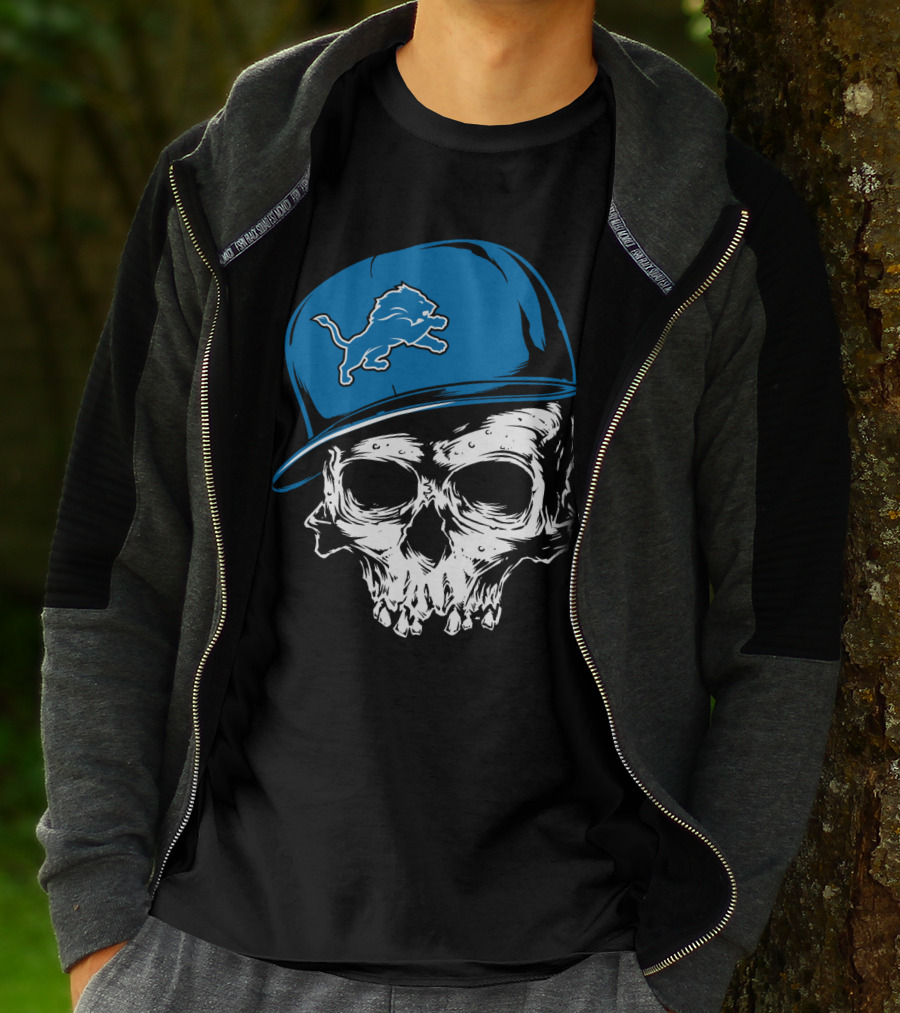 Detroit Lions Skull With Blue Cap Featuring Iconic Team T-Shirt