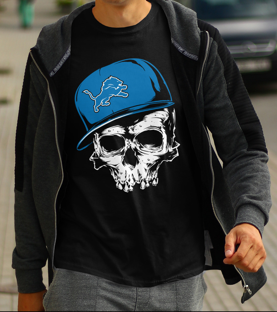 Detroit Lions Skull With Blue Cap Featuring Iconic Team T-Shirt
