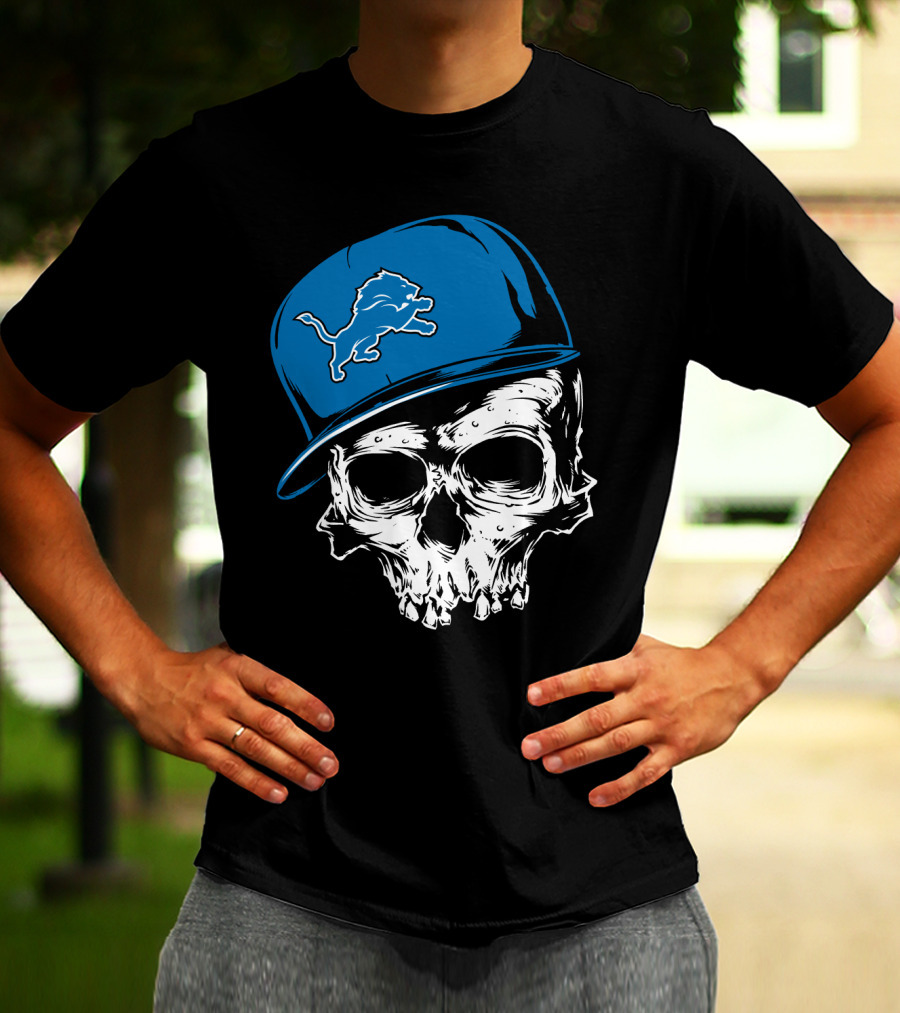 Detroit Lions Skull With Blue Cap Featuring Iconic Team T-Shirt