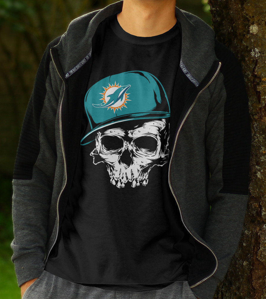 Miami Dolphins Skull With Teal Hat T-Shirt