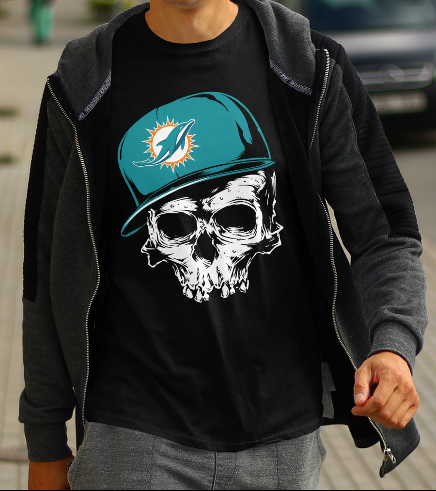 Miami Dolphins Skull With Teal Hat T-Shirt