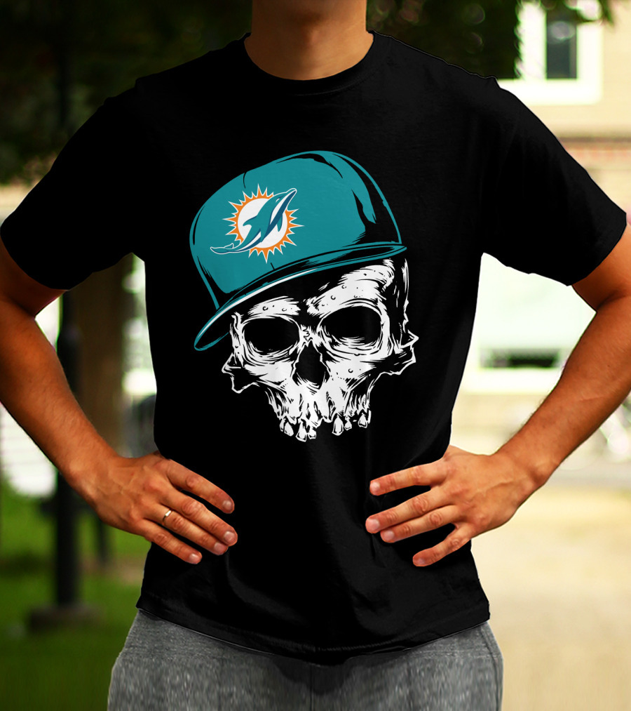 Miami Dolphins Skull With Teal Hat T-Shirt
