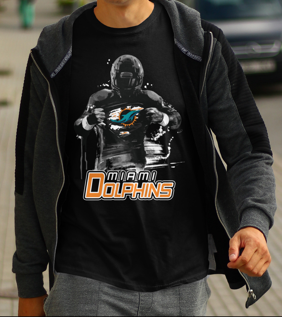 Miami Dolphins Football Hero Display With Iconic Team T-Shirt