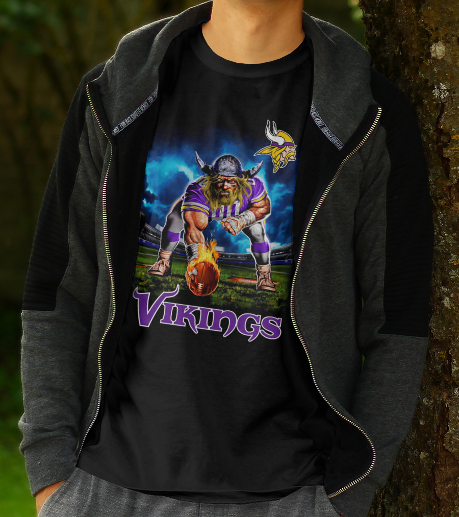 Minnesota Vikings 3 Point Stance Nfl Viking Warrior With Helmet And Football In Stadium Nfl T-Shirt