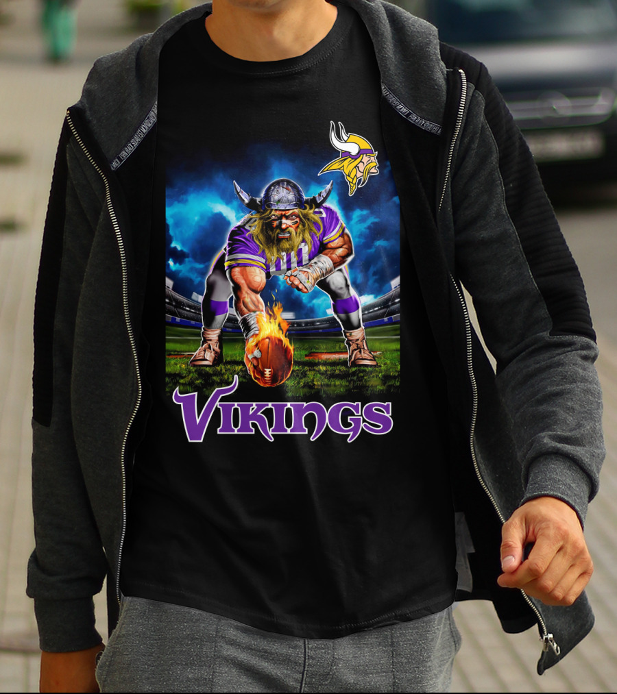 Minnesota Vikings 3 Point Stance Nfl Viking Warrior With Helmet And Football In Stadium Nfl T-Shirt