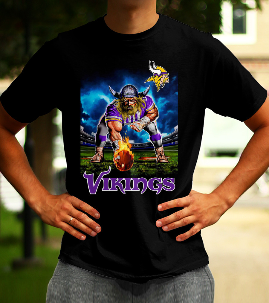 Minnesota Vikings 3 Point Stance Nfl Viking Warrior With Helmet And Football In Stadium Nfl T-Shirt