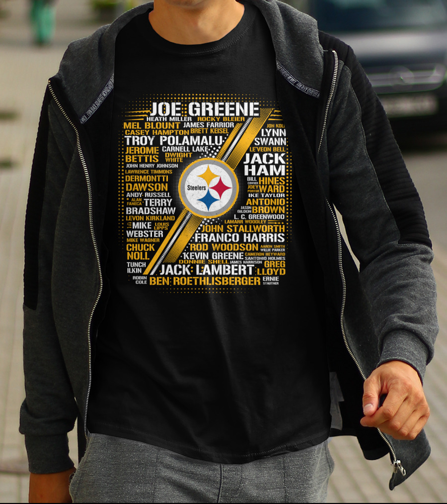 Joe Greene Troy Polamalu Jerome Bettis Steelers Iconic Names Collage T-Shirt