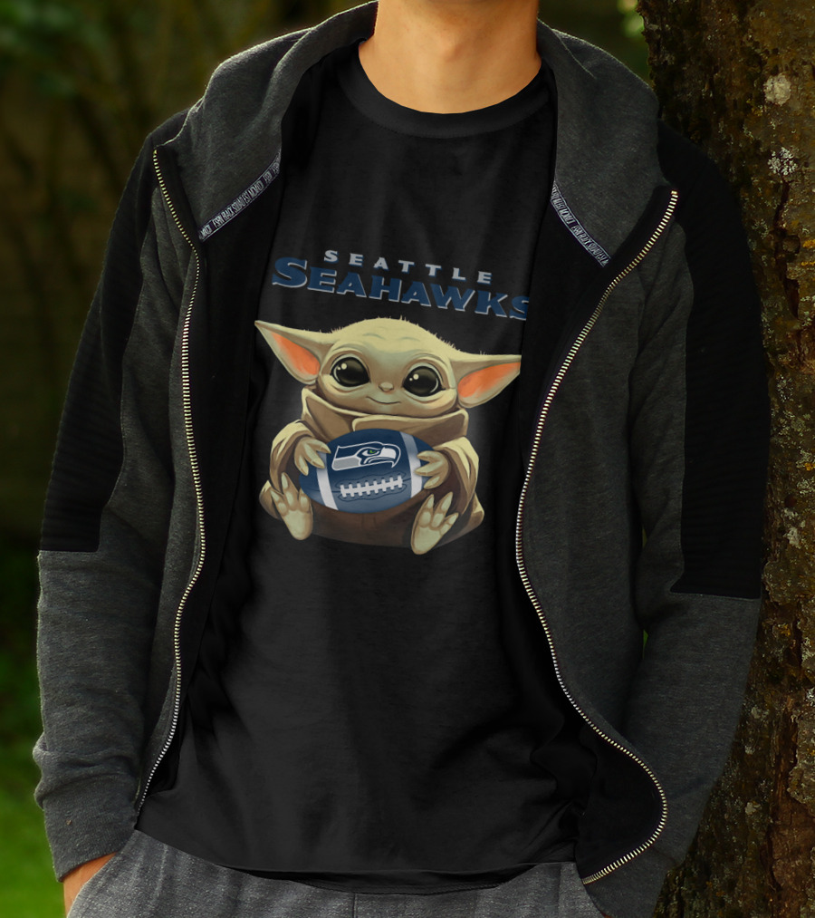 Seattle Seahawks Baby Yoda Holding Seahawks Football T-Shirt