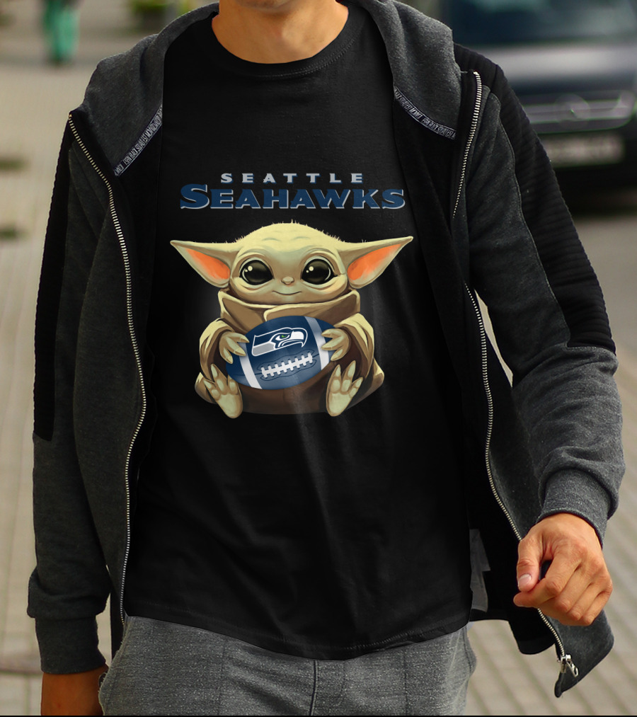 Seattle Seahawks Baby Yoda Holding Seahawks Football T-Shirt