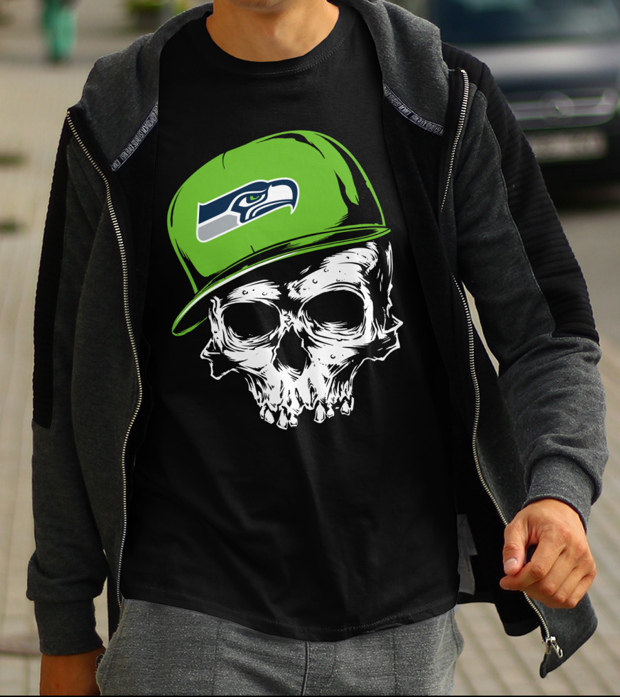 Seattle Seahawks Skull With Green Hat T-Shirt