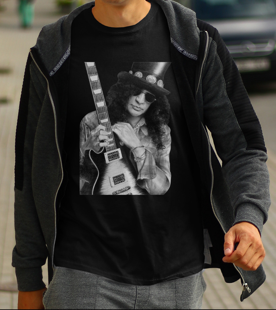 Guns N' Roses Slash With Guitar Iconic Black And White T-Shirt