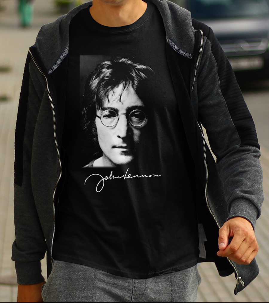 John Lennon Black And White Portrait With Signature T-Shirt