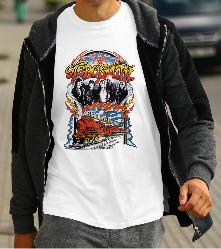 Aerosmith Train Kept A Rollin' Retro Band Graphic With Train And Stars T-Shirt