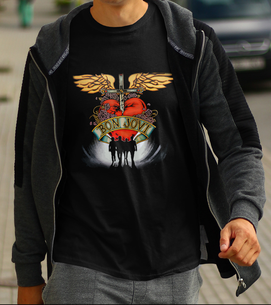 Bon Jovi Winged Heart Cross Silhouette T-Shirt
