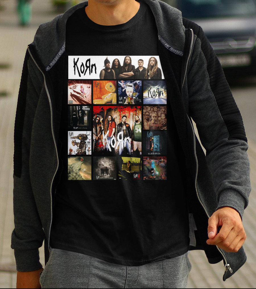 Korn Greatest Hits Collection Featuring Classic Album Covers And Band Members T-Shirt