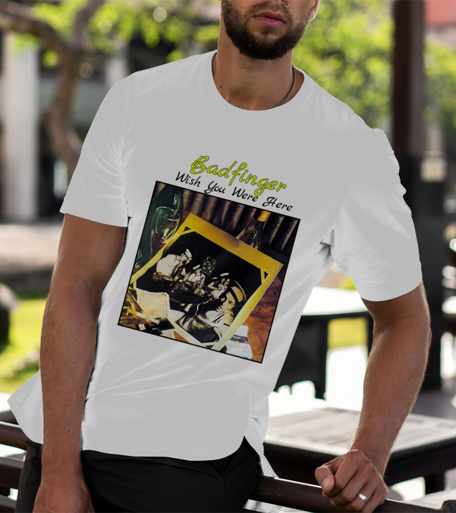 Badfinger Wish You Were Here Album Art Photographic Table Setting With Drinks And Photographs T-Shirt